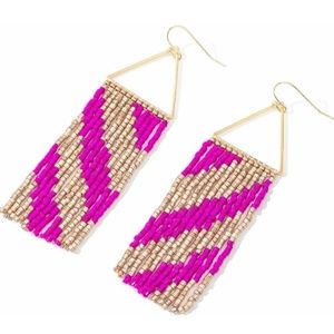 Long Triangle Beaded Fringe Earrings Hot Pink Gold Diagonal Stripe Geometric New